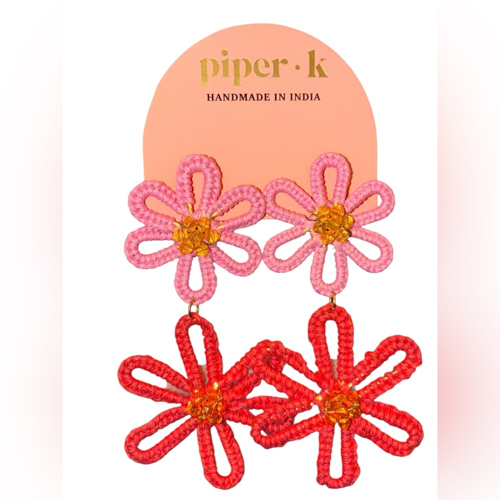 PIPER K Handmade in India Fabric Floral Flowers Drop Dangle Earrings NEW NWT